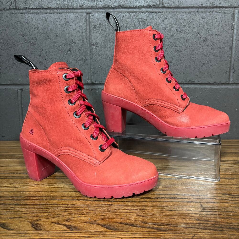 The Art Company Red Leather Platform Heeled Ankle Boots Lace Up Size 39/8.5